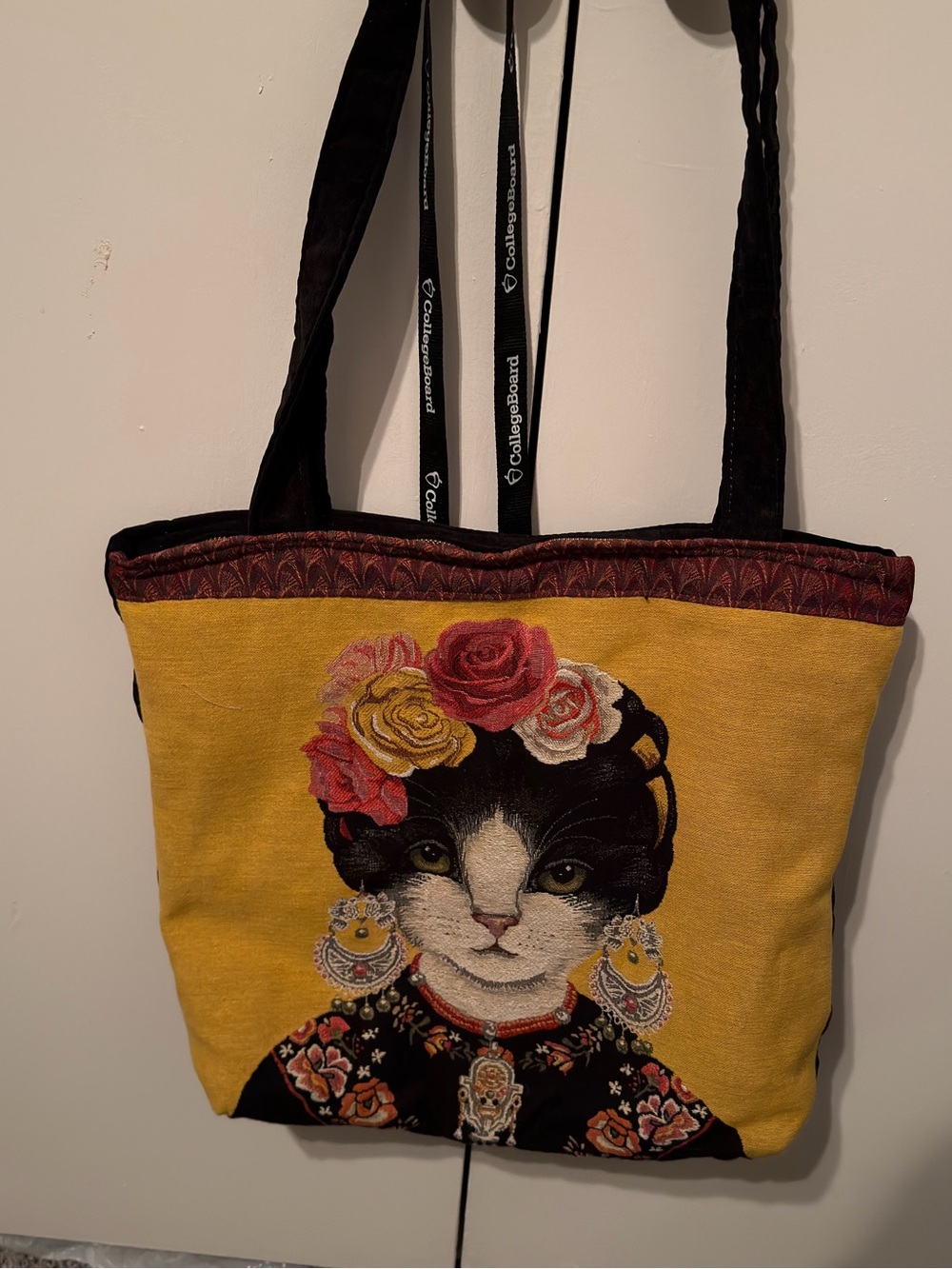 Embroidered Floral Cat Tote in Mustard Yellow